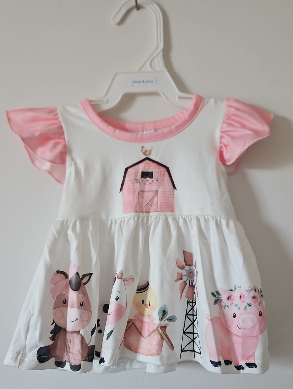 NWOT Baby Girl Pink & White Farm Animal Flutter-Sleeve Dresssize 6-9 Month